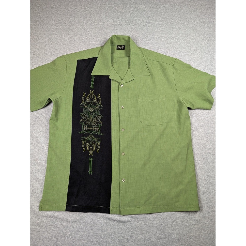 Steady Shirt Mens Large Green Tiki Panel Button Front Rockabilly Bowling USA